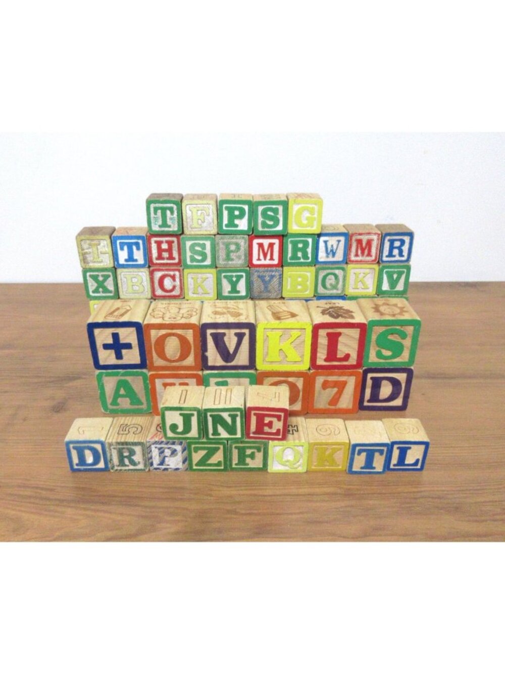 Lot of 69 Vintage Wood Children’s Toy Alphabet Picture Number Blocks 3 Sizes